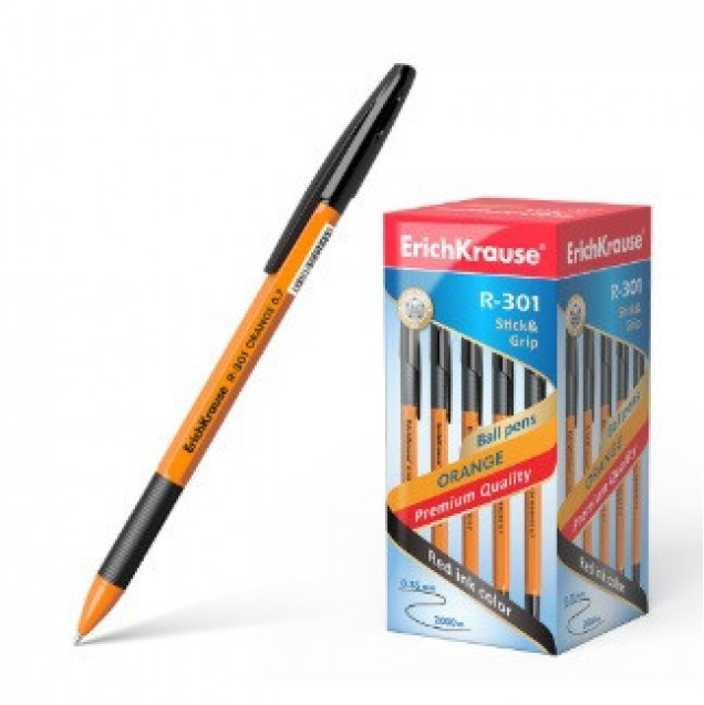 Ручка "R-301 Orange Stick&Grip" черная 0.7/0.35/140 корпус
оранжевый рез.грип ERICH KRAUSE 39533