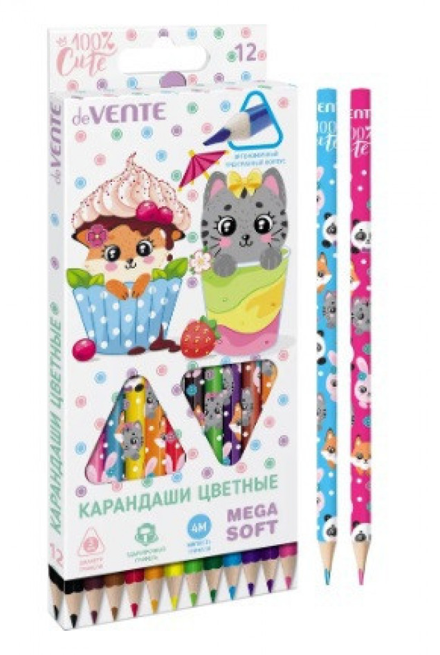 Карандаши цветные 100% Cute" 12 цветов, 4М, диаметр грифеля 3 мм, трехгранный корпус c запечаткой, в картонной коробке (10702070/300623/3267158,Китай )