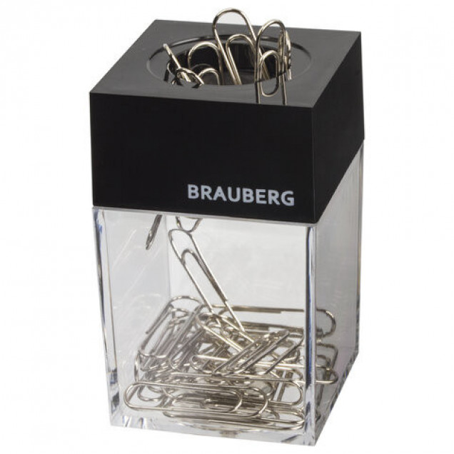 Скрепочница BRAUBERG магнитная с 30 скрепками, прозрачный корпус