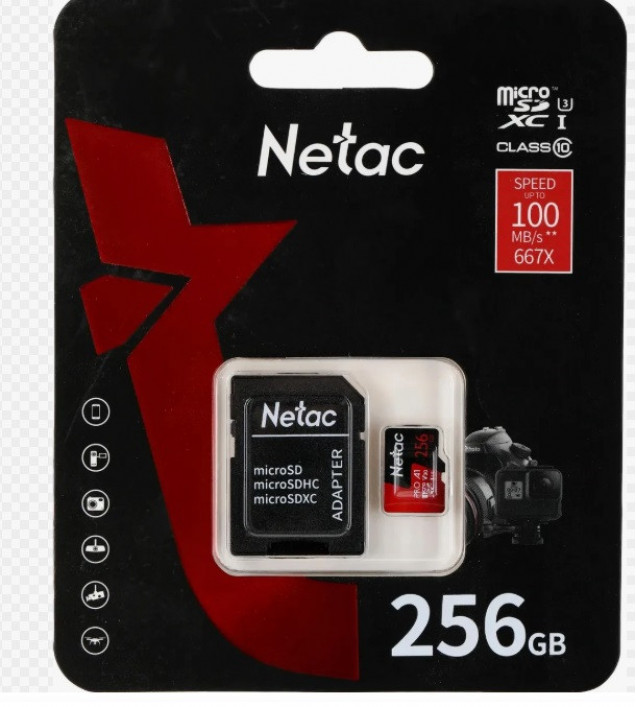 Карта памяти Netac MicroSD 256GB P500  Ultra, Class 10, UHS-I, A1, U3, V30 (100 Mb/s) без адаптера