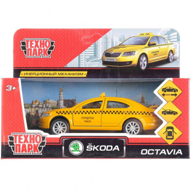 Машина металл Skoda Octavia Такси, 12см,(открыв. двери) инерц. в коробке