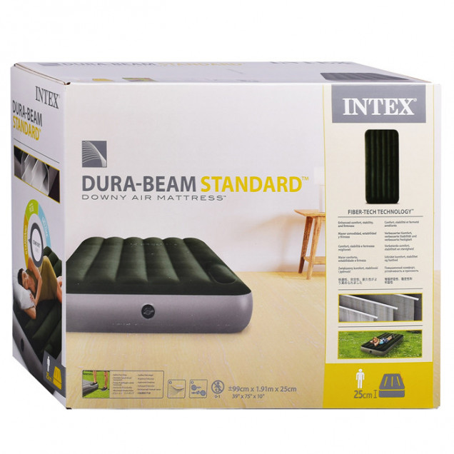 Кровать надувная INTEX "Downy bed" встроенный ножной насос 99x191x25см ПВХ