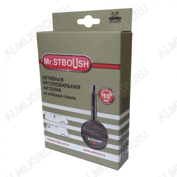 Антенна автомобильная Mr.STBOUSH активная ТРИАДА УКВ+FM+AM город; 24dB; до 110км; внутрисалонная на лобовое стекло