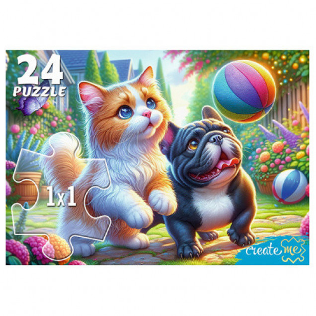 Макси-пазлы 24 "Кот и щенок с мячом"