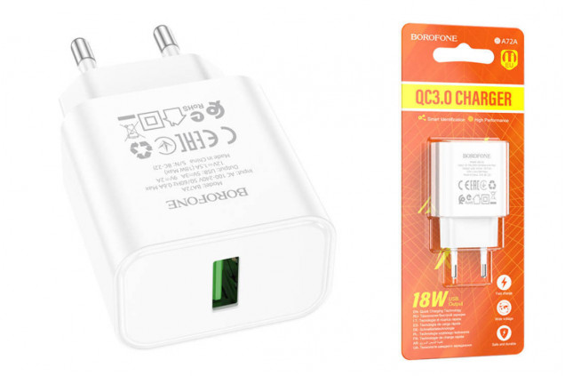 Блок з/у Borofone BA72A Spring, пластик, 1USB, QC3.0, цвет: белый