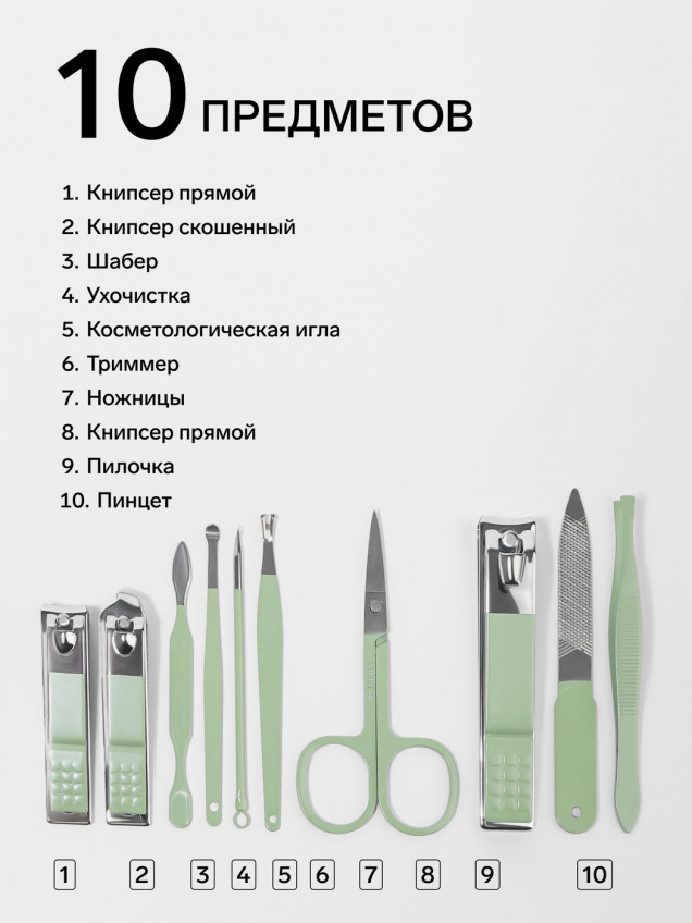 Набор маникюрный, 10 предметов, в футляре, бирюзовый