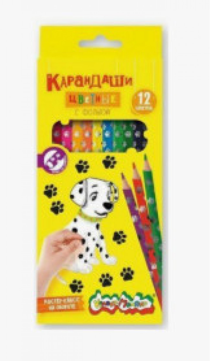 Набор цветных карандашей 12 цв. "Лапки" кругл. корп. дерев. карт.уп. принт на корпусе