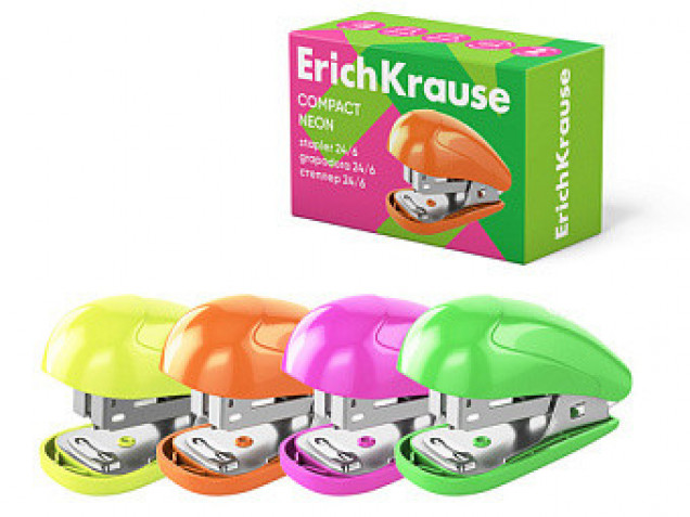 Мини-степлер №24/6, 26/6  ErichKrause Compact Neon до 20 листов, ассорти (в коробке по 1 шт.)