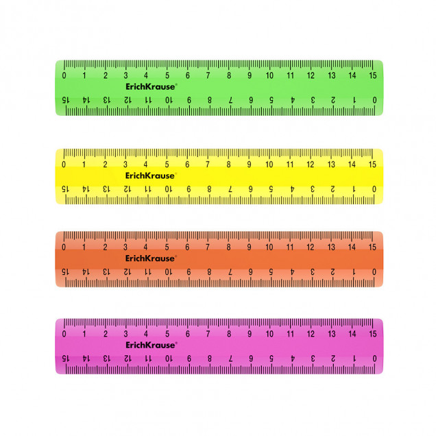 Линейка пластиковая ErichKrause® Neon, 15см, ассорти из 4 цветов, в коробке-дисплее 52997