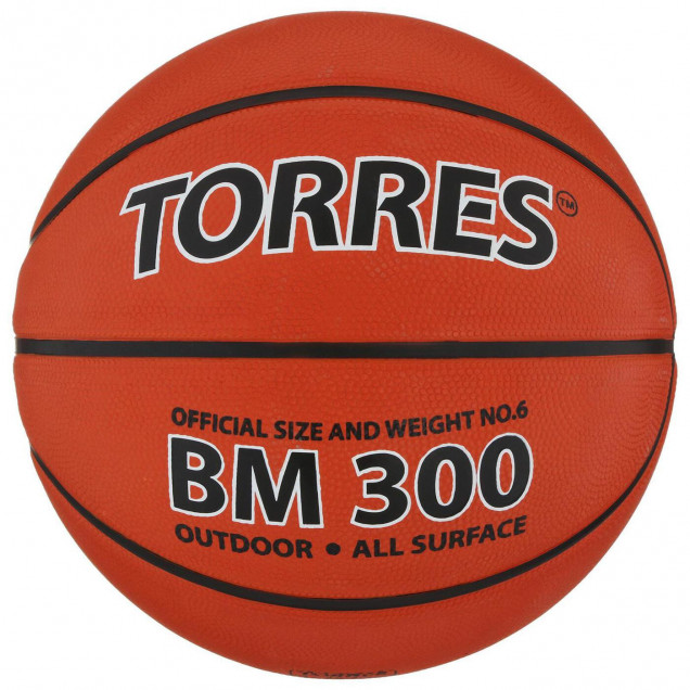 Баскетбольный мяч TORRES BM300, B00016, клееный, 8 панелей, р. 6, резина
