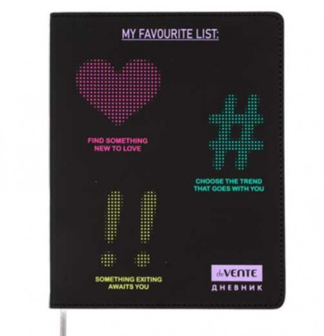 Дневник 1-11 кл. "Favorite List" 48 листов, белая бумага 80 г/м², печать в 1 краску, гибкая обложка из искусственной кожи, шелкография, отстрочка, 1 ляссе (10228020/240225/5029177,Китай )