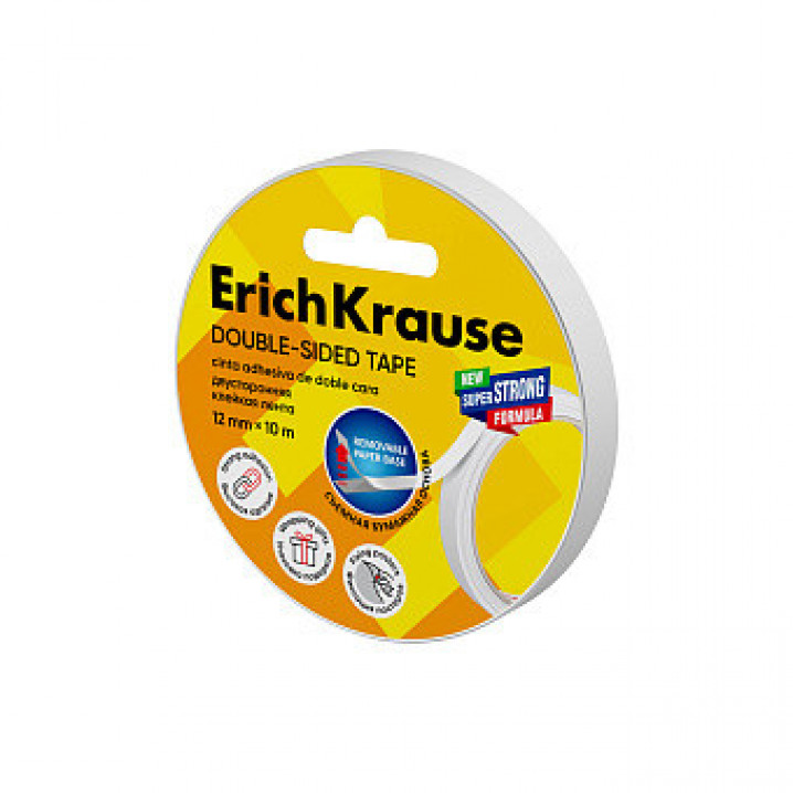 Двусторонняя клейкая лента ErichKrause, прозрачная, 12ммх10м (в пленке по 1 шт.)