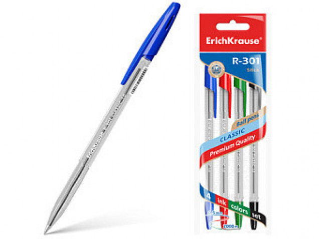 Набор шариковых ручек 04шт, ErichKrause® R-301 Classic Stick 1.0, синий, черный, красн, зелен. 44593