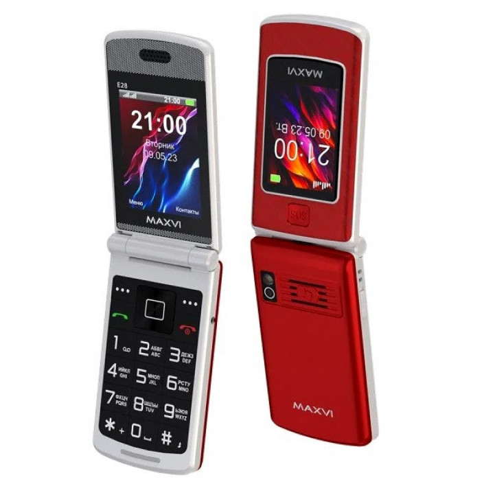 Мобильный телефон Maxvi E28 red (раскладной, 2 sim, 2 экрана 2.8+2.4, батарея 2000 мАч, SOS функция, Type-C, красный)