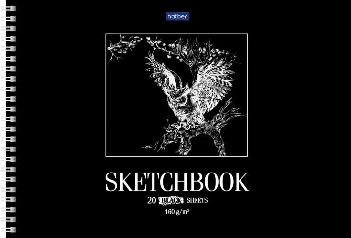 "Premium" АЛЬБОМ для рисования SketchBook 20л А4ф блок из черной бумаги 160г/кв.м жесткая подложка н