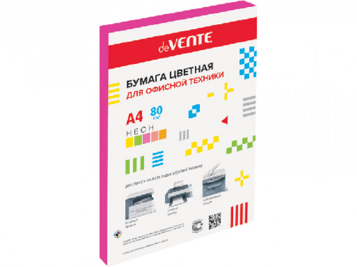 Бумага цветная для офисной техники "deVENTE" A4 50 л, 75 г/м?, неон малиновый, в пластиковом пакете
