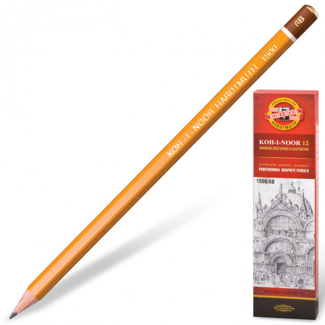 Карандаш чернографитный KOH-I-NOOR 1500 6В без ластика, заточенный
