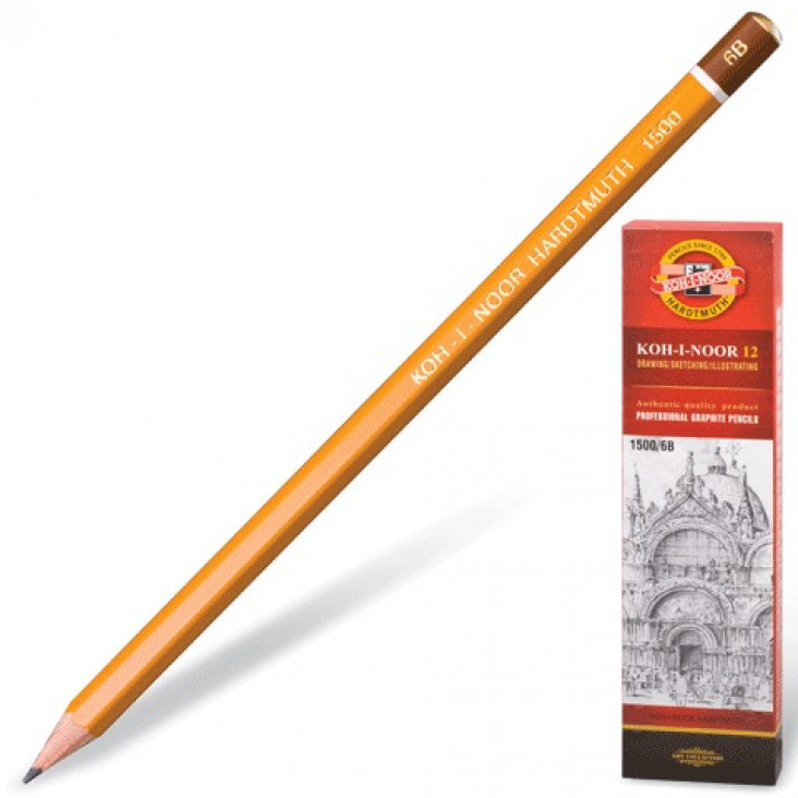 Карандаш чернографитный KOH-I-NOOR 1500 6В без ластика, заточенный