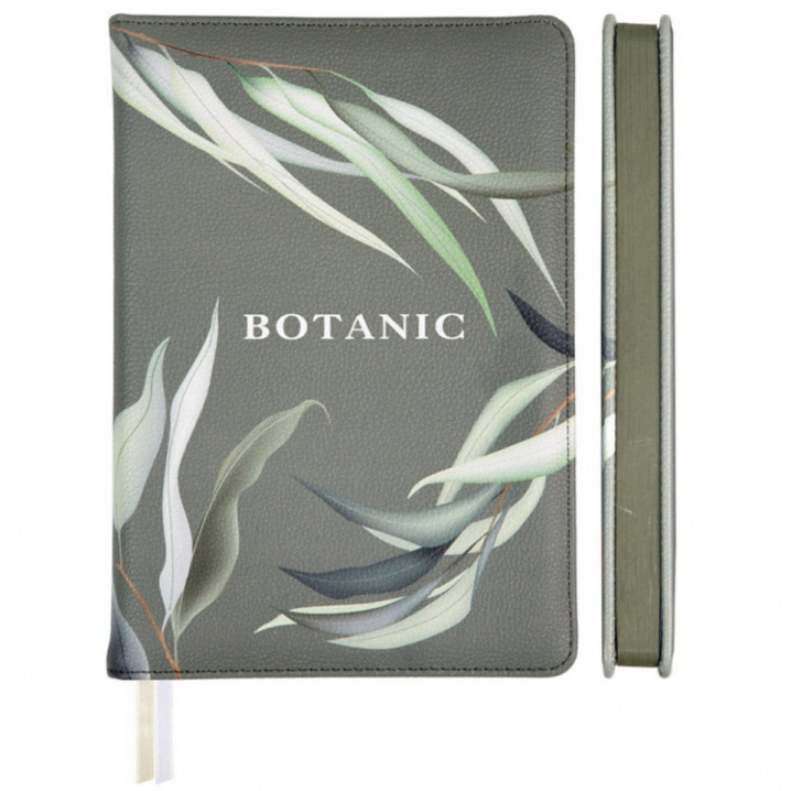 Ежедневник недатированный "Botanic" A5 (145 ммx205 мм) 272 стр, белая бумага 70 г/м² с оливковым срезом, печать в 2 краски, твердая обложка из искусственной кожи с поролоном, цветная печать, отстрочка, перфорация, закругленные уголки, 2 ляссе, в