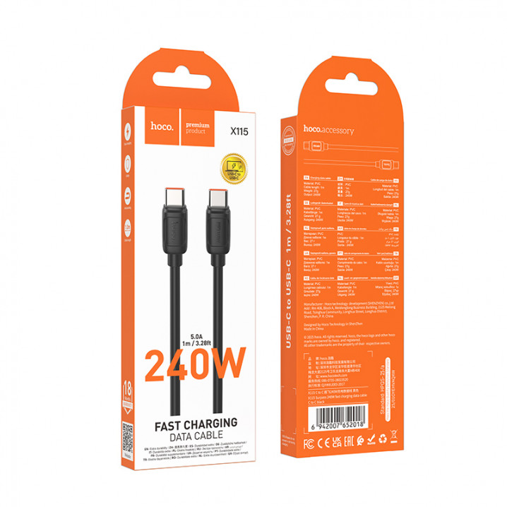 HOCO X115, Type-C - Type-C, 1.0м, PD 240 Вт, цвет: чёрный
