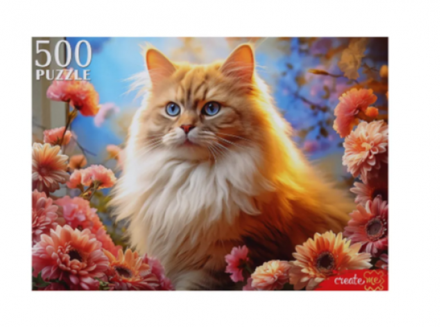 Пазлы 500 "Кот в хризантемах"