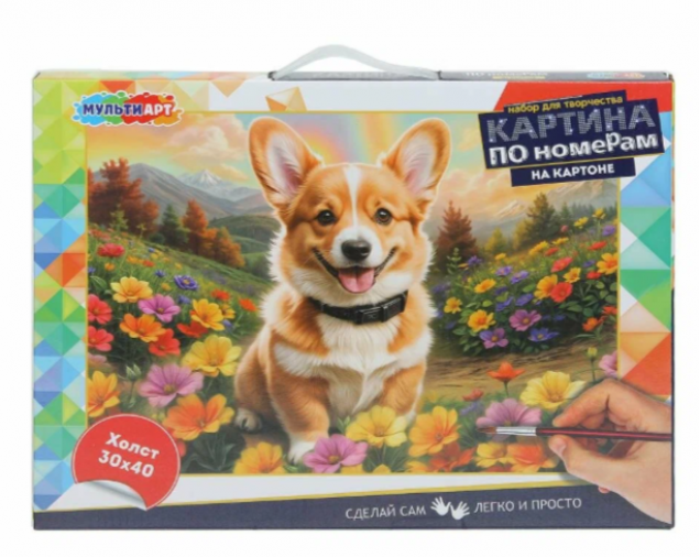 Холст по номерам на картоне 30*40 см "Корги в цветах" (10228020/030425/5051319/1,Китай )