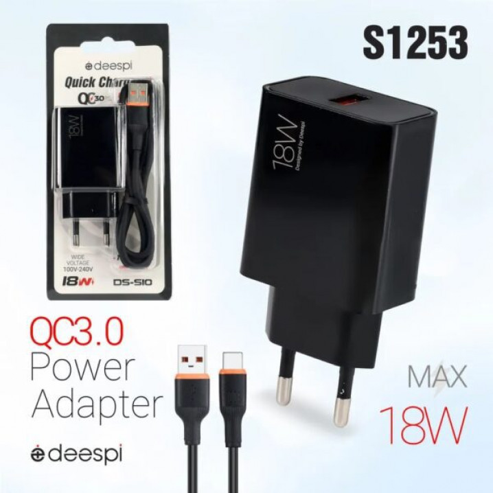 C3У DEESPI S10/ Сетевое 3У/ 1USB/ Выход: 18W/ Черный