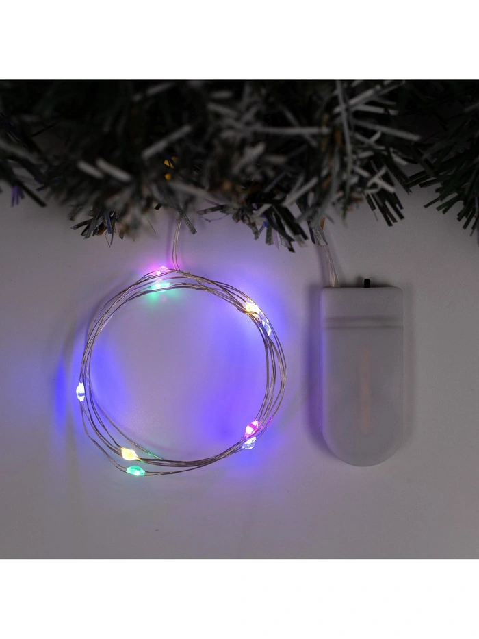 Гирлянда «Нить» 1 м роса, IP20, серебристая нить, 10 LED, батарейки CR2032×2 (в комплекте), свечение мульти