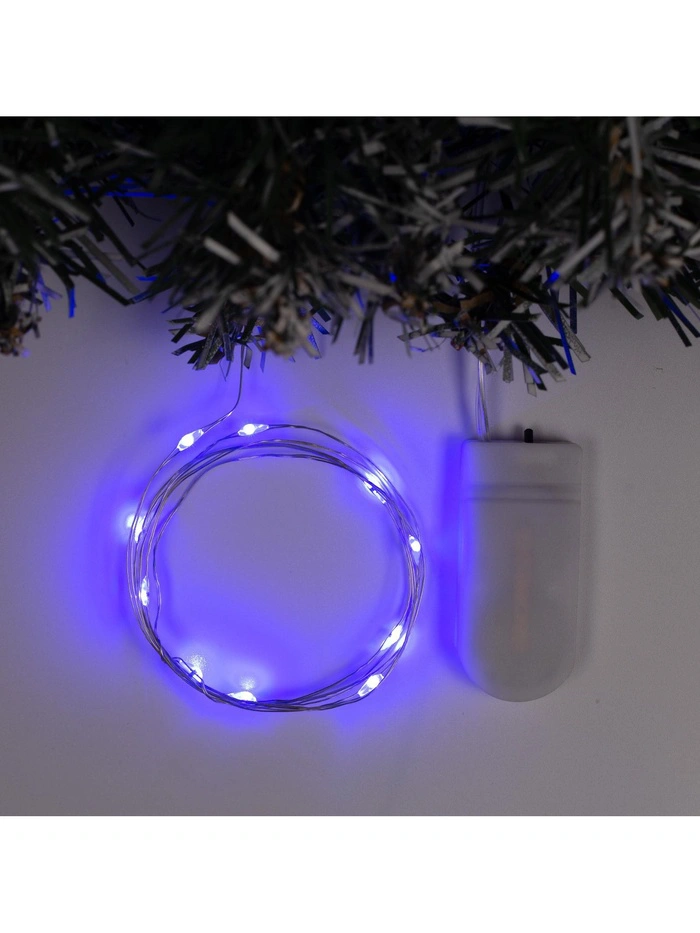 Гирлянда «Нить» 1 м роса, IP20, серебристая нить, 10 LED, батарейки CR2032×2 (в комплекте), свечение синее